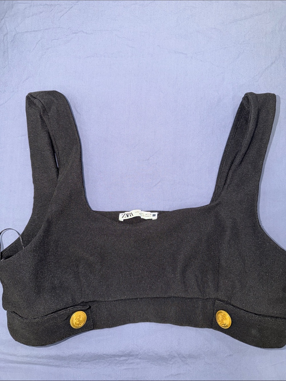 Zara Black Cropped Tank Top with Gold Button Accents